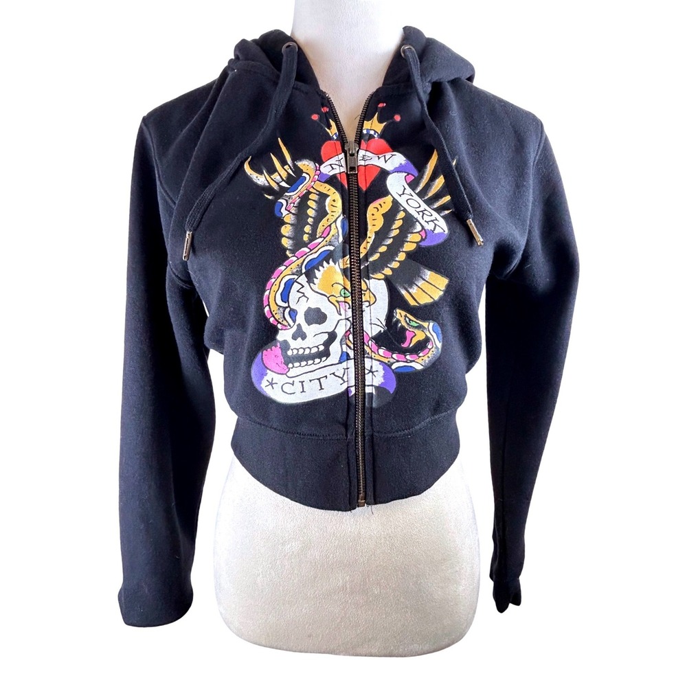 Ed‎ Hardy Womens XL Black Cropped Zip Up Hoodie New York City Skull Eagle Tattoo
